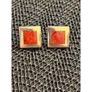 Vintage Genuine Coral 950 Sterling Silver Square Stud Earrings 0,5”